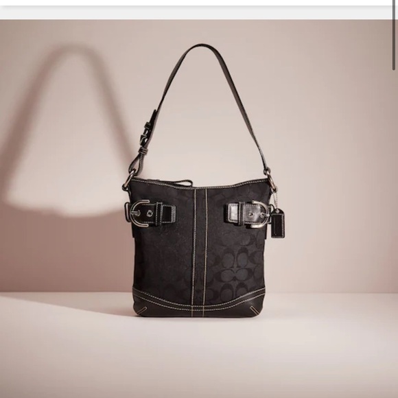 COACH BLACK SIGNATURE CANVAS & LEATHER SLIM DUFFLE SHOULDER BAG VINTAGE - Picture 17 of 17